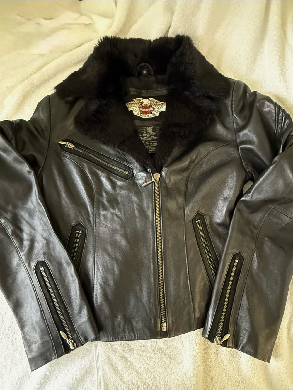 Harley-Davidson Black Leather Jacket with Faux Fur Collar